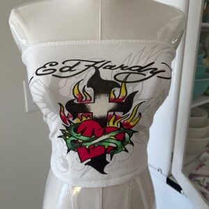 Ed Hardy White Tube Top with Heart and Cross Design